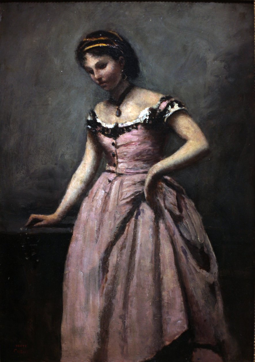 Pembe elbiseli genç kadın by Jean Baptiste Camille Corot