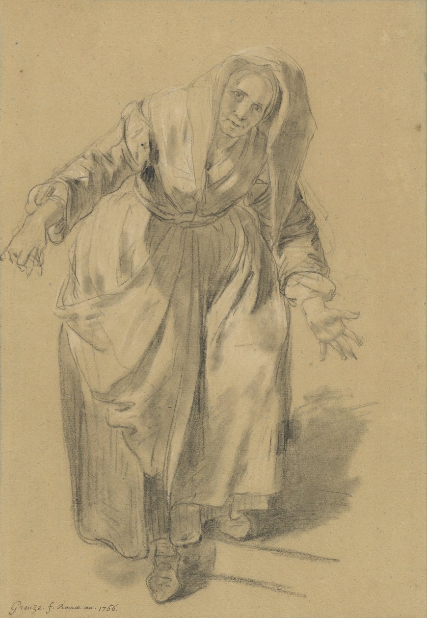 Kollarını Açmış Yaşlı Kadın (Napoliten Jest Çalışması) by Jean Baptiste Greuze