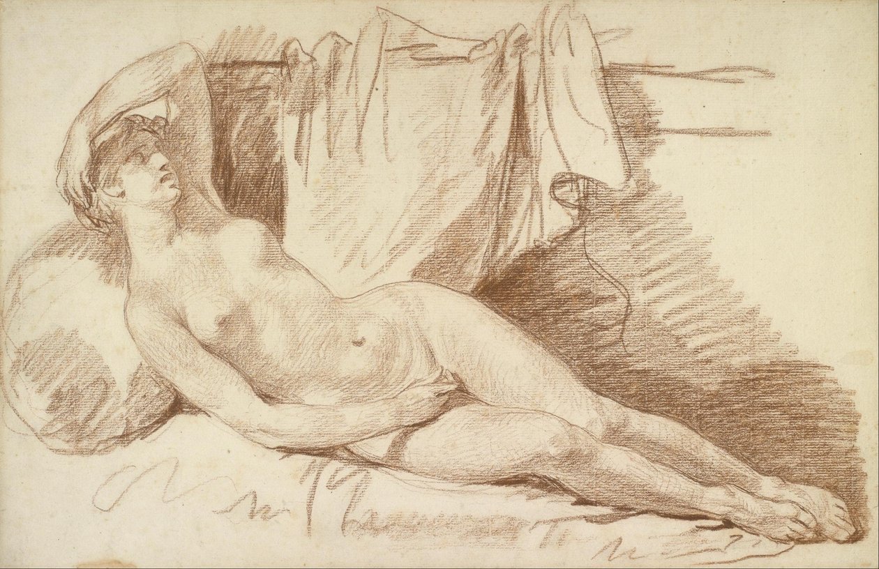 uzanmış kadın çıplak- çalışma için by Jean Baptiste Greuze