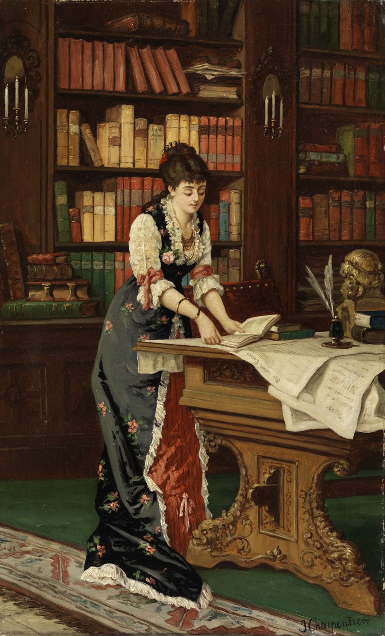 Bir kütüphane odasında okuyan genç kadın by Jean Baptiste II Charpentier
