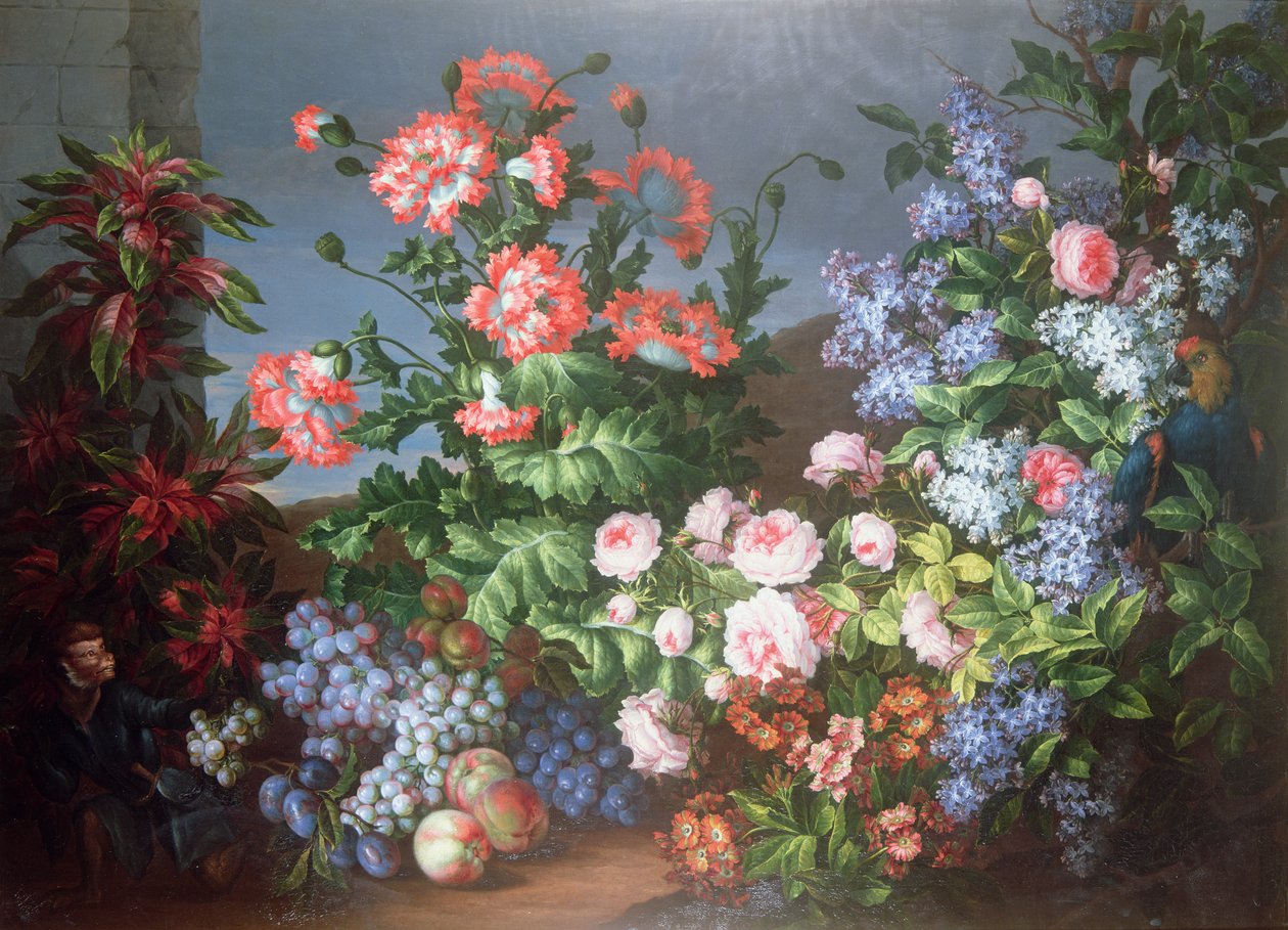Maymun ve Papağanlı çiçekler, meyveler by Jean Baptiste Monnoyer
