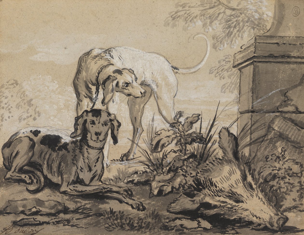 Avdan Sonra - Bir Domuz Kafasının Yanında İki Tazı by Jean Baptiste Oudry