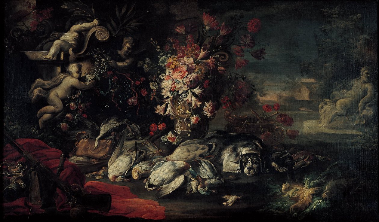 Atış teçhizatı ve çiçeklerle ölüm doğası II by Jean Baptiste Oudry