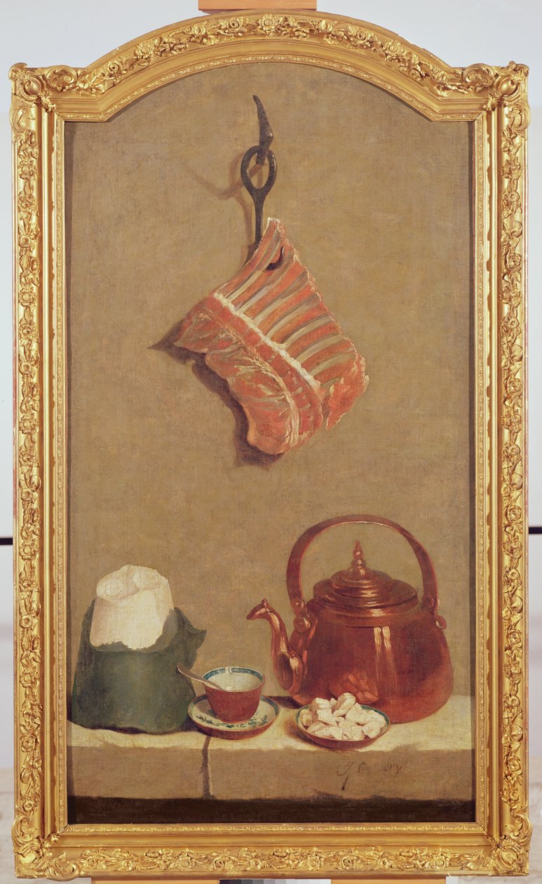 Et, su ısıtıcısı, fincan, şeker somunu ve şeker topakları ile natürmort by Jean Baptiste Oudry