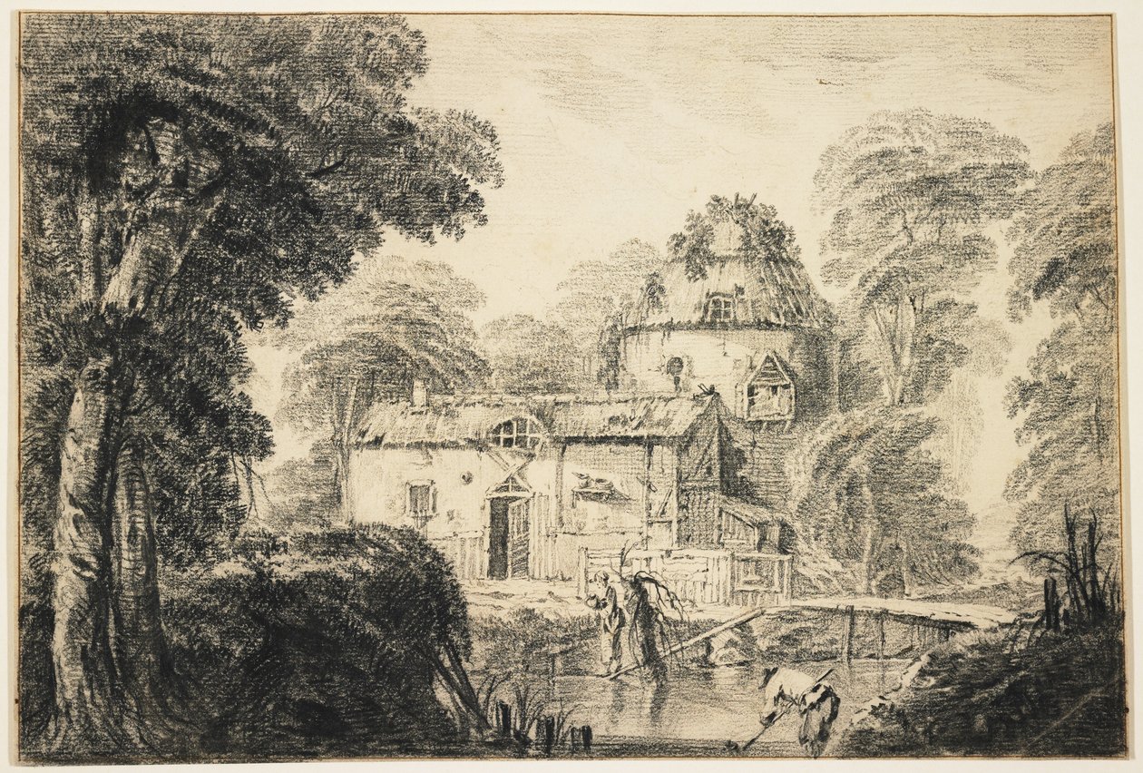 Bir Kulübe ve Köylü ile Manzara, c.1770 (kremalı kağıt üzerine siyah tebeşir) by Jean Baptiste Pillement