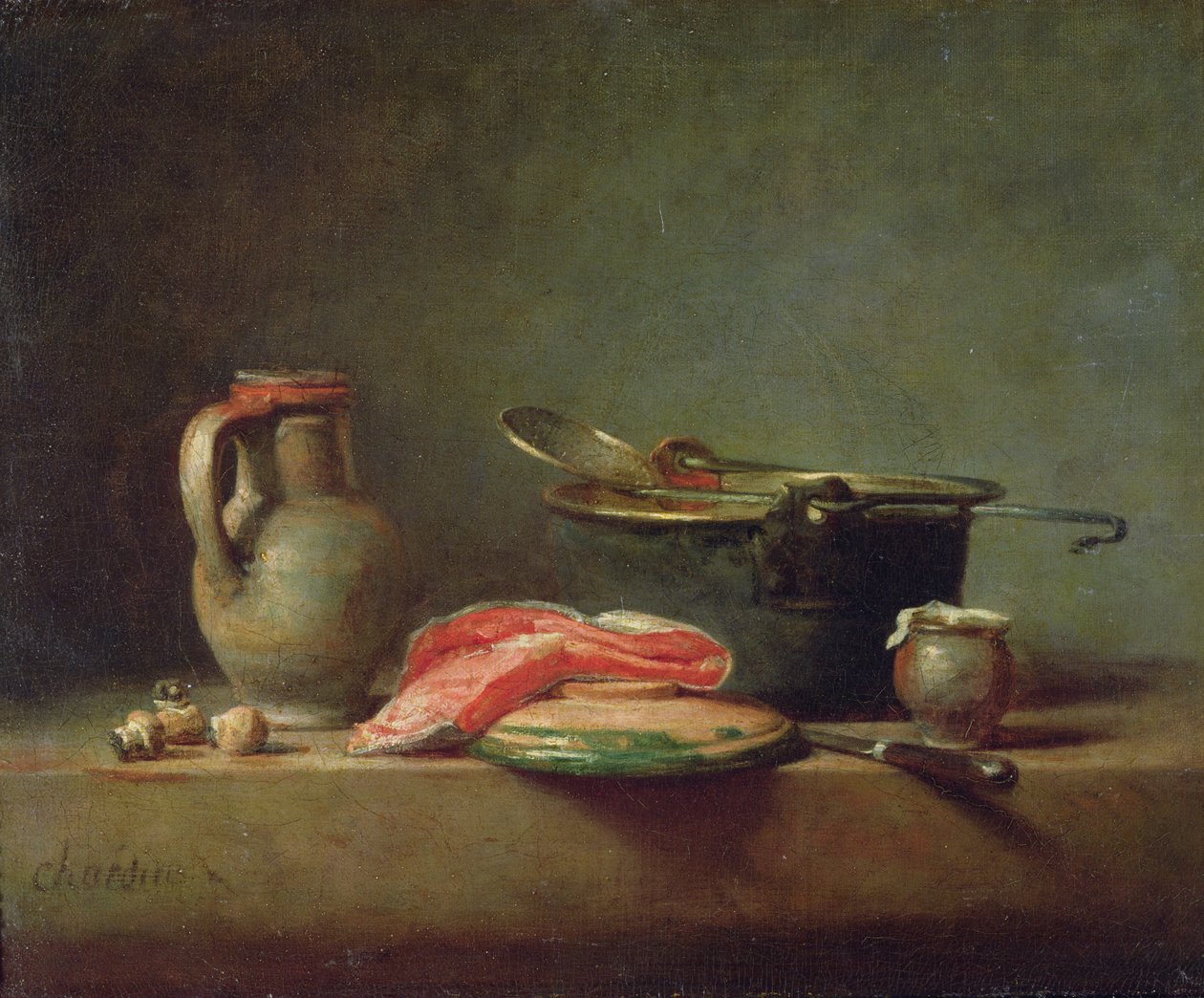 Sürahi ve Somon Dilimli Bakır Kazan (yağ) by Jean Baptiste Simeon Chardin