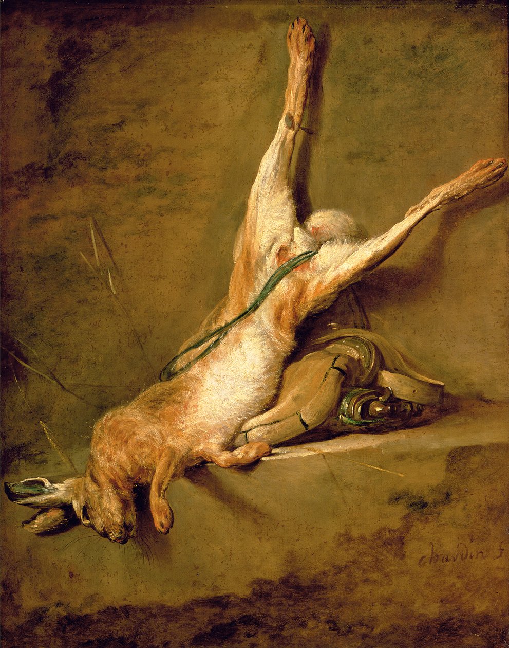 Toz boynuzlu ve oyun çantalı ölü tavşan, c.1726-30 by Jean Baptiste Simeon Chardin
