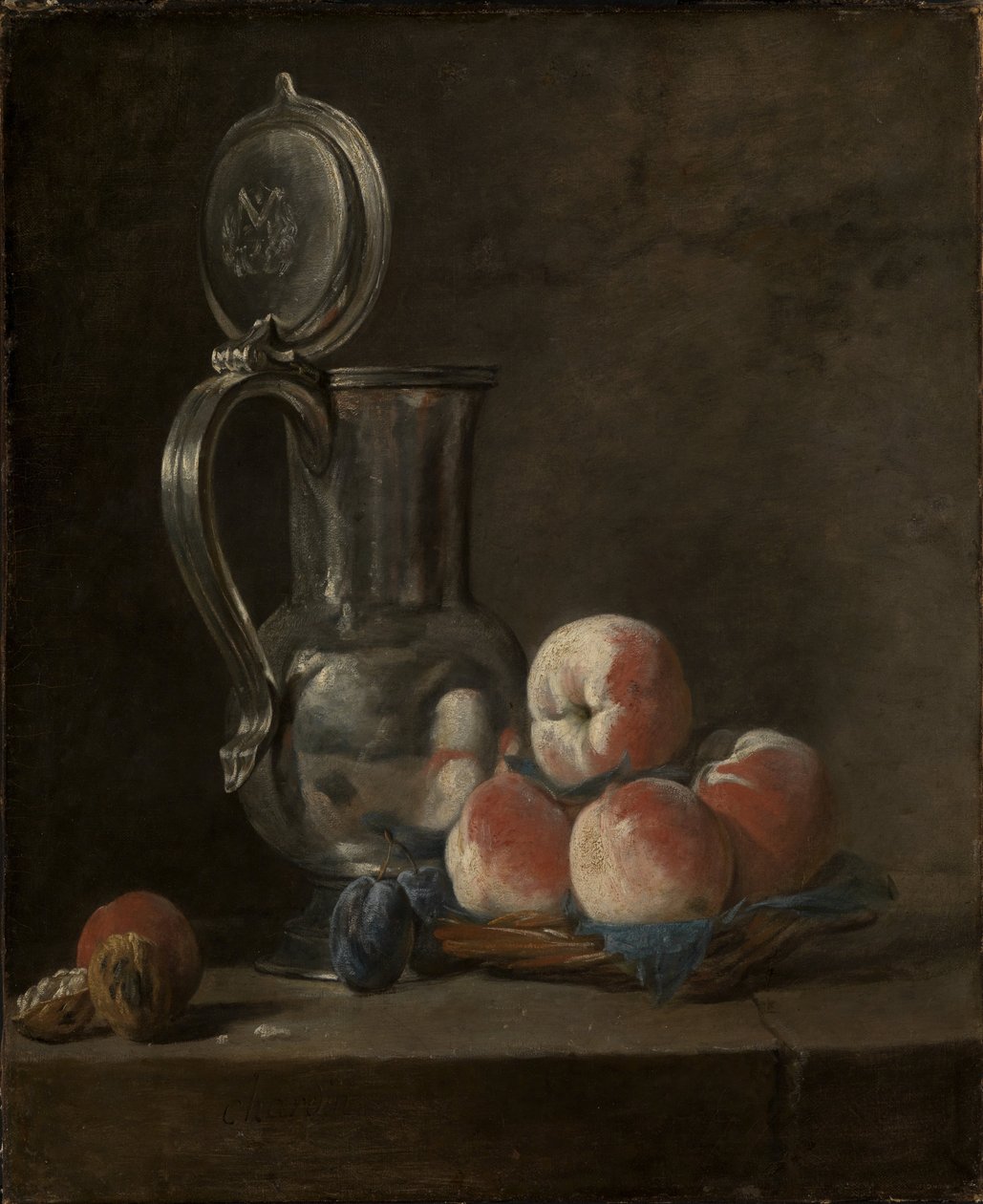 Teneke Sürahi ve Şeftali ile Natürmort by Jean Baptiste Simeon Chardin