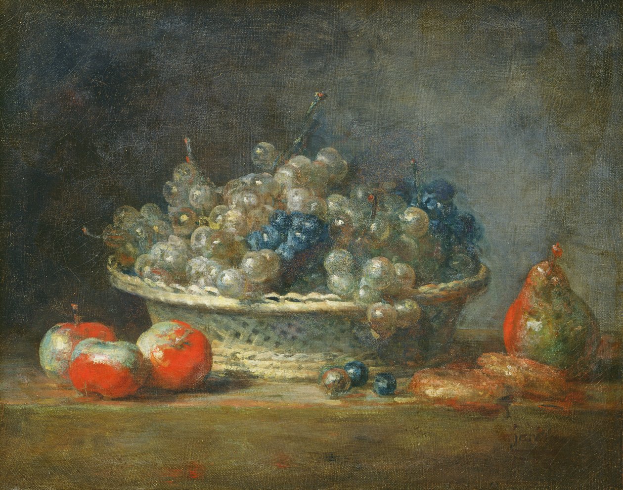 Natürmort: üç elma, bir armut ve iki badem ezmesi ile üzüm sepeti, 1764 by Jean Baptiste Simeon Chardin