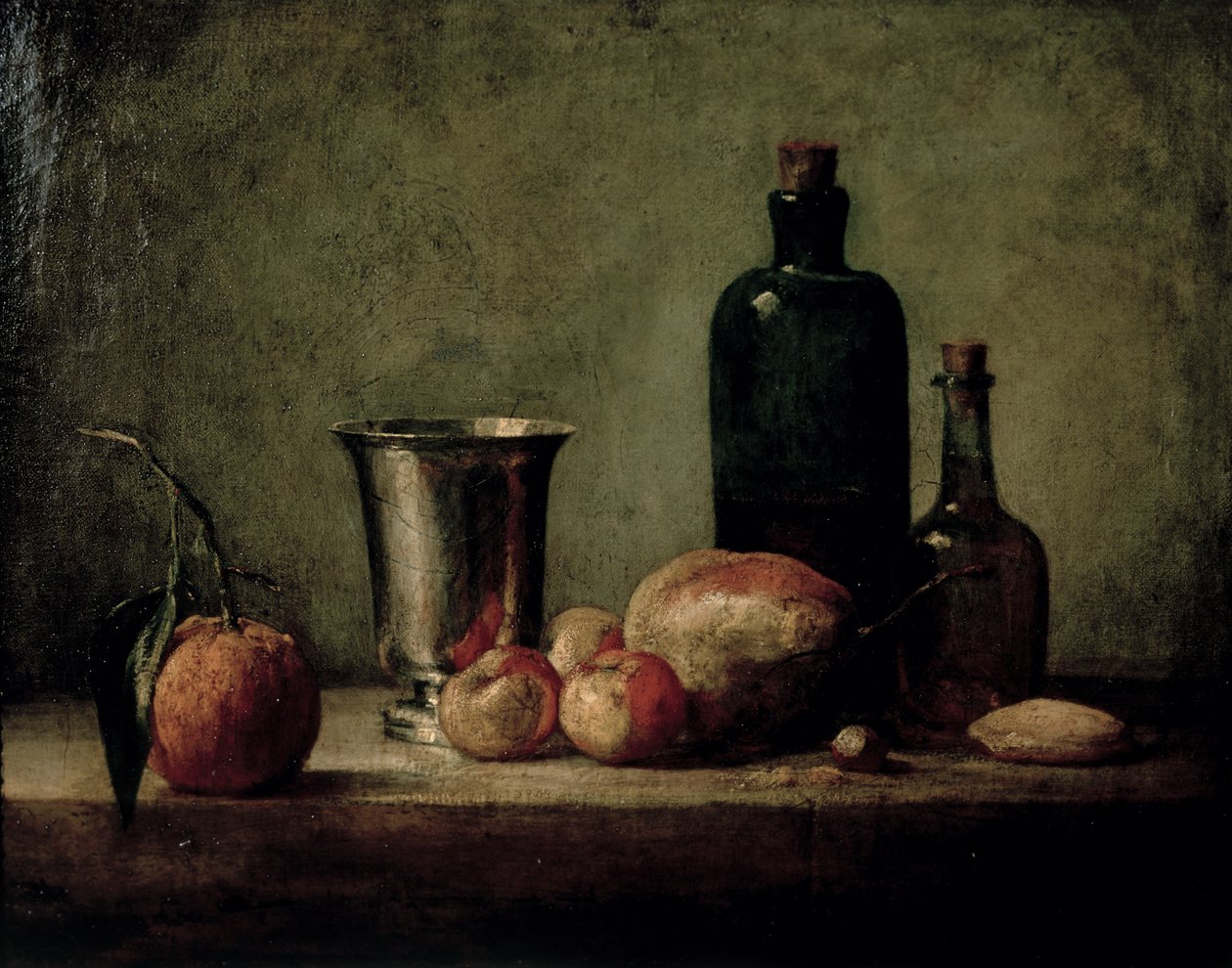 Bir Masada Gümüş Kabı, Meyve ve Şişeler ile Natürmort by Jean Baptiste Simeon Chardin