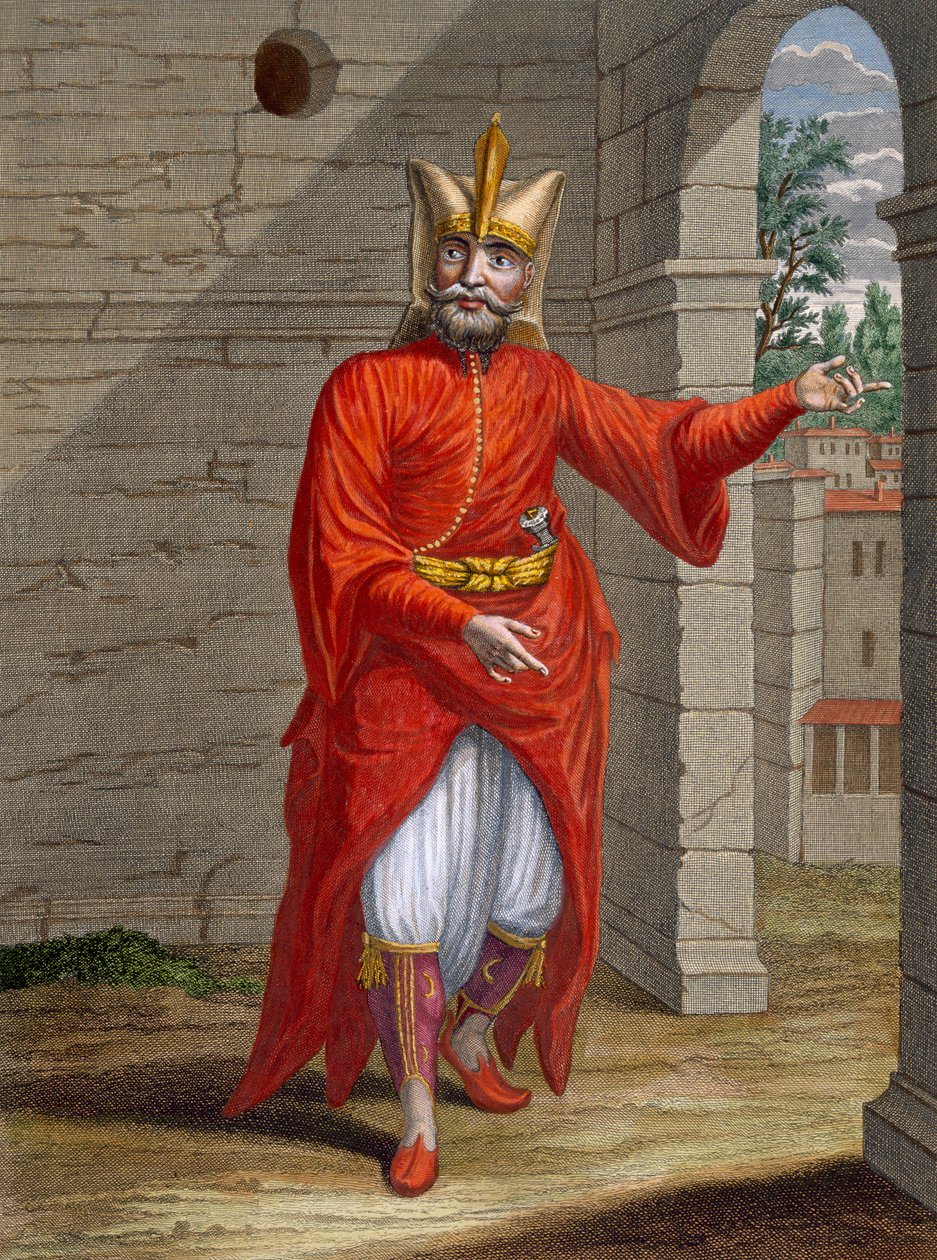 Bir Yeniçeri, Charles de Ferriol tarafından 'Levant'ın Farklı Uluslarını Temsil Eden Yüz Baskı Koleksiyonu'ndan plaka 32, Jean-Baptise Haussard (fl.1679-1749), 1707-08 (renkli) by Jean Baptiste Vanmour