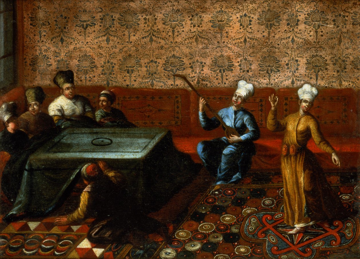 Bir Kürsi Etrafında Toplanmış Figürler Önlerinde Müzisyen ve Dansçı Gösteri Yapıyor by Jean Baptiste Vanmour