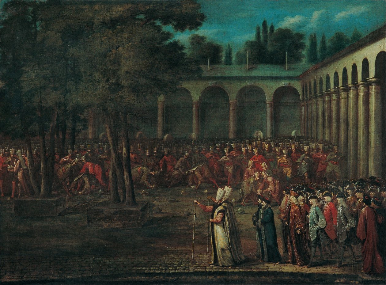 Elçilik Heyeti Topkapı Sarayı İkinci Avlusunu Geçiyor by Jean Baptiste Vanmour