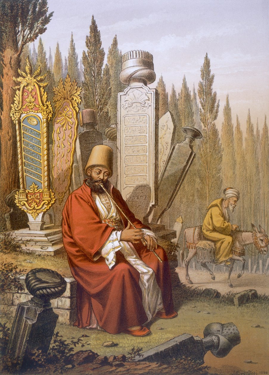 Ney çalan Sufi, bir Türk mezarlığında yazılı mezar taşları arasında oturuyor, 'Souvenirs de Constantinople'dan bir resim, meyhane. Paris, c.1855 by Jean Brindesi