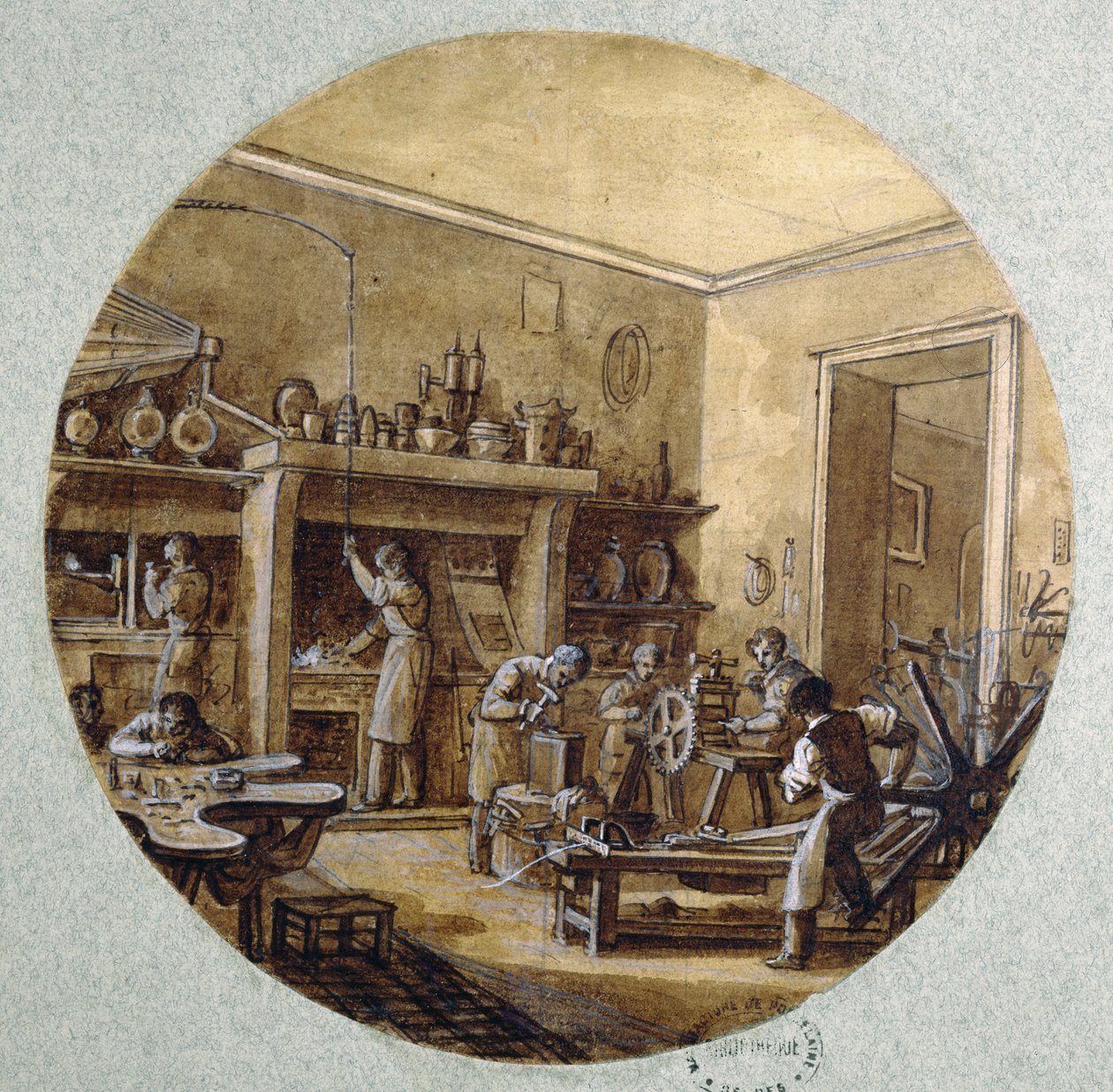 Kuyumcu Atölyesi, farklı meslekleri tasvir eden bir hizmet için tabak tasarımı, c.1820-35 (kalem ve mürekkep ve yıkama ve kağıt üzerine guaj) by Jean Charles Develly