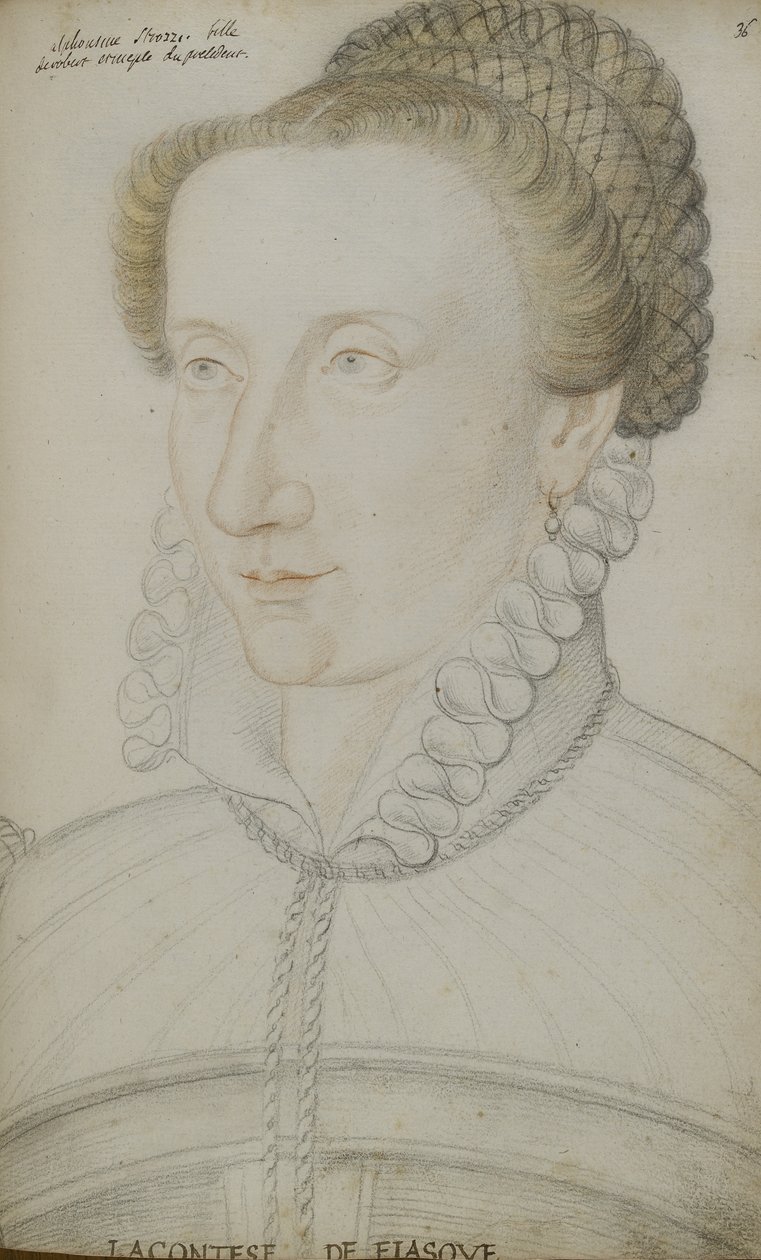 Alphonsine Strozzi (kağıt üzerinde sırt, kırmızı ve sarı tebeşirler) by Jean Clouet