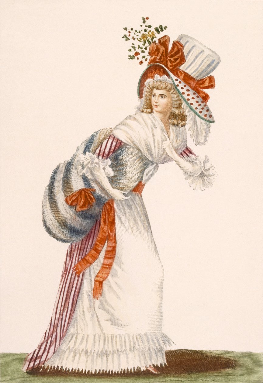 Bayan çarpıcı günlük elbise, 'Galeries des Modes et Costumes Francais'den levha, c.1778-87 99:giyim; geleneksel kıyafet; geleneksel kostüm; moda; illüstrasyon; c18'inci; moda by Jean Florent Defraine