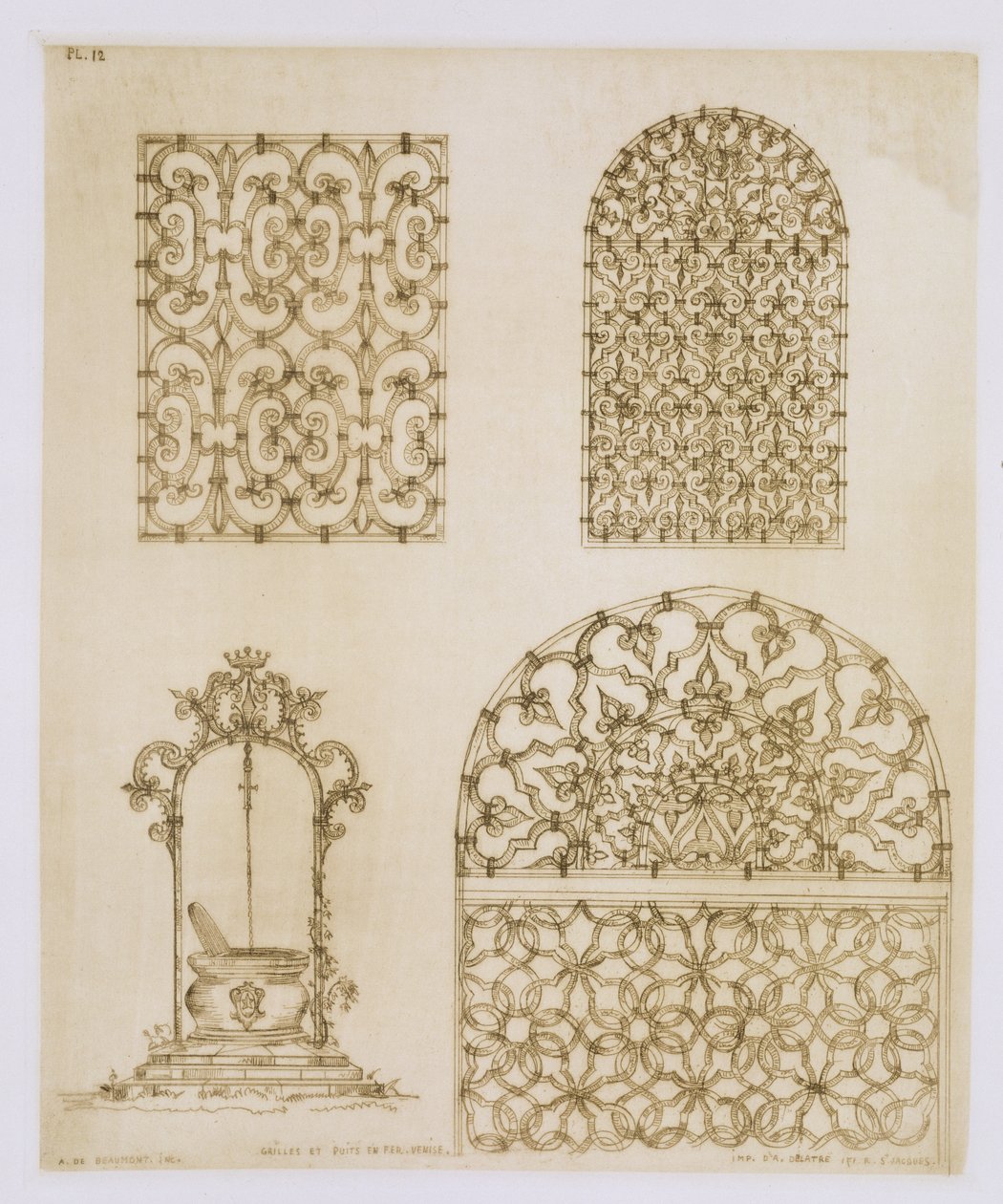 Delatre, Paris, Paris, 1857 tarafından yayınlanan 'Sanat ve Endüstri'den pencereler ve kuyular için İslami demir ızgaralar by Jean Francois Albanis de Beaumont