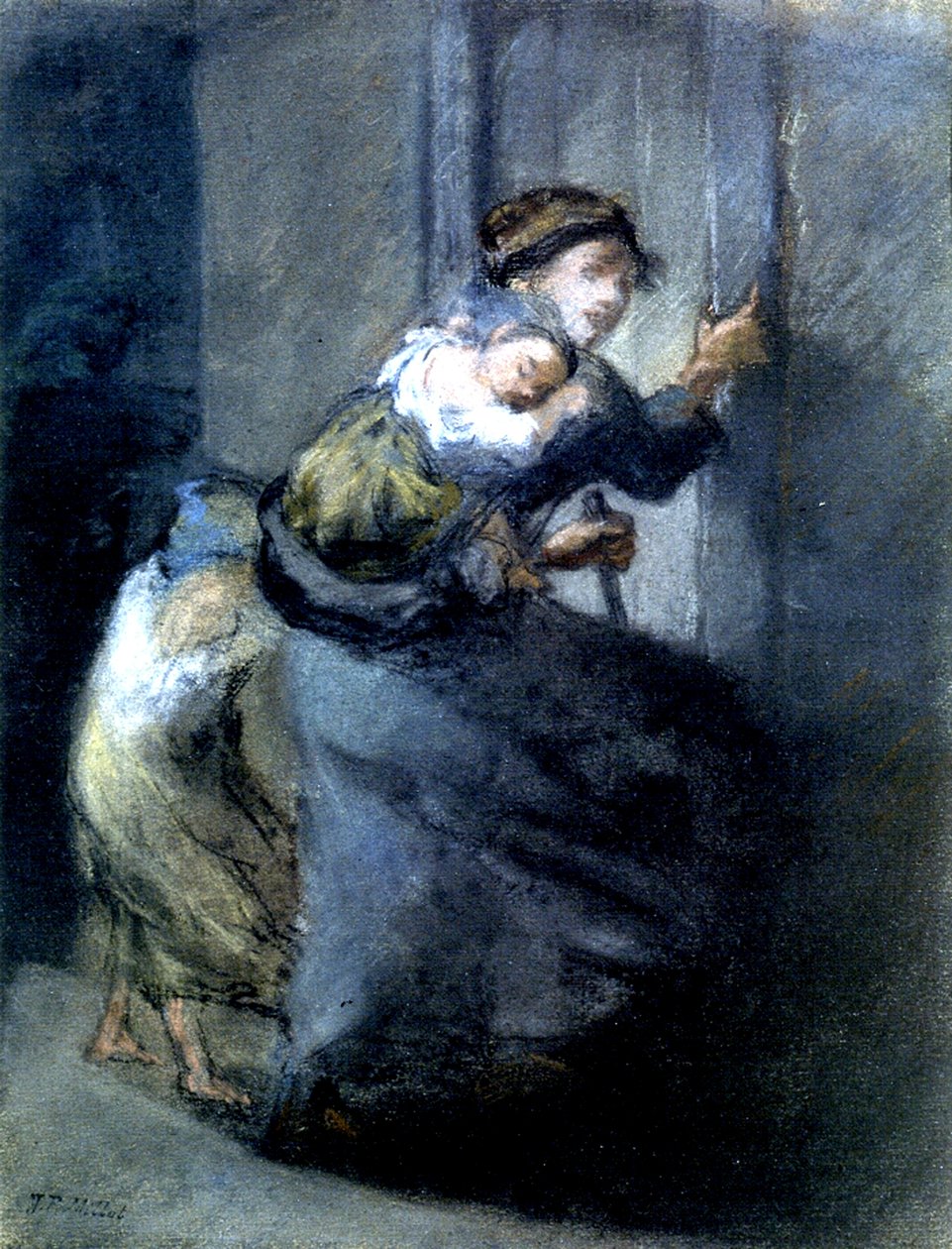 İki Çocuklu Kaçan Bir Anne (kağıt üzerinde pastel) by Jean Francois I Millet
