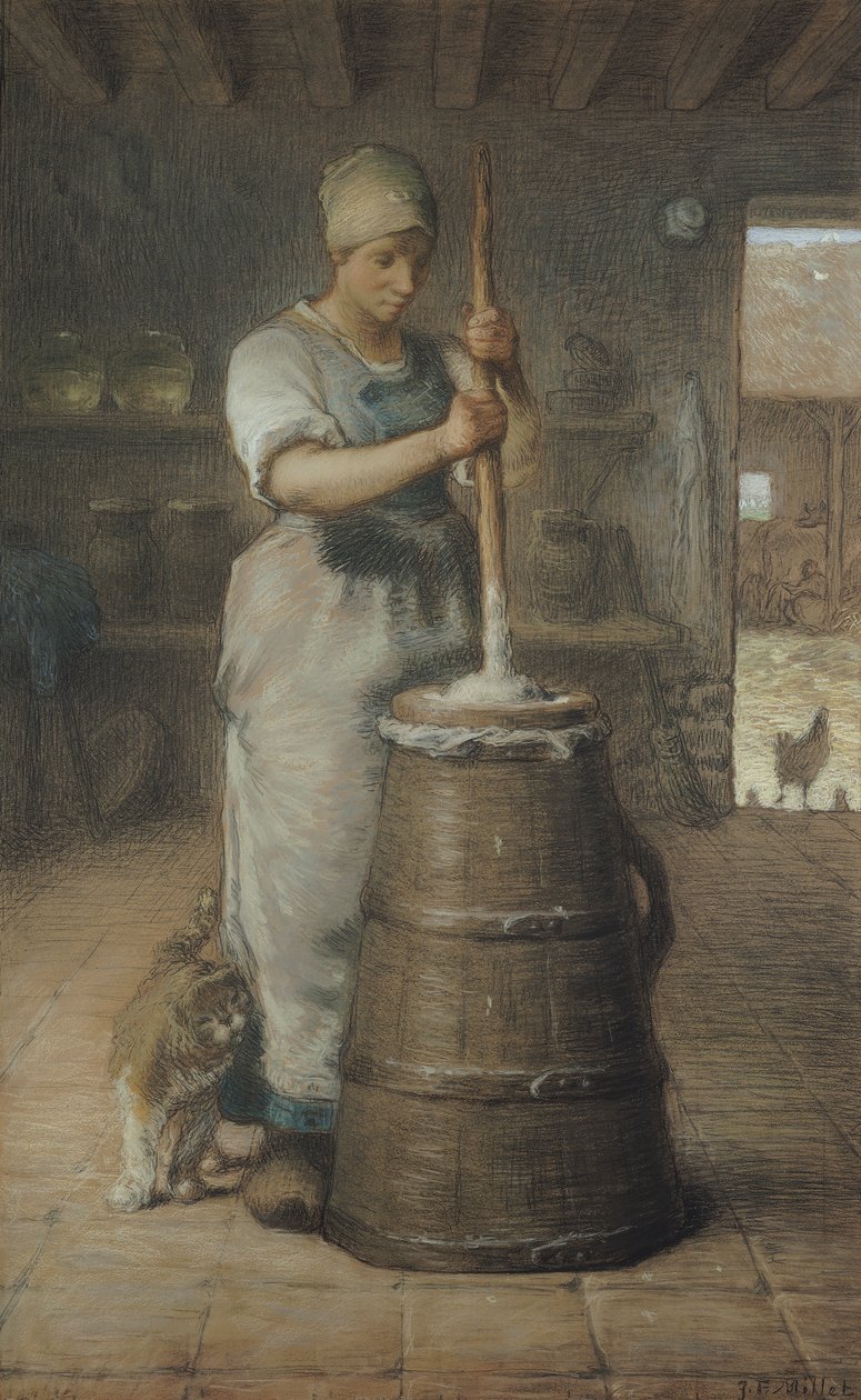 Çalkalama Tereyağı, 1866-68 (kağıt üzerine kurşun kalem ve pastel) by Jean Francois Millet