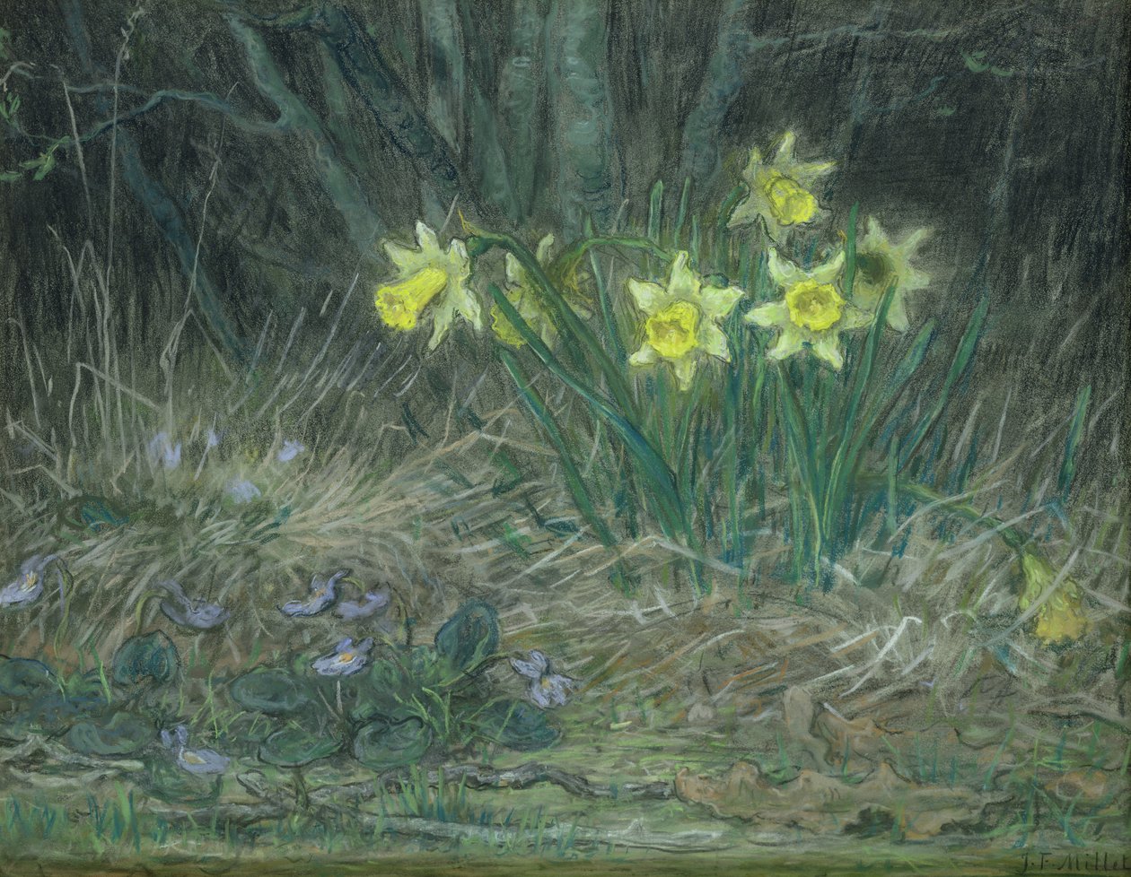 Narcissi ve Menekşeler, 1867 dolayları (kağıt üzerinde pastel) by Jean Francois Millet