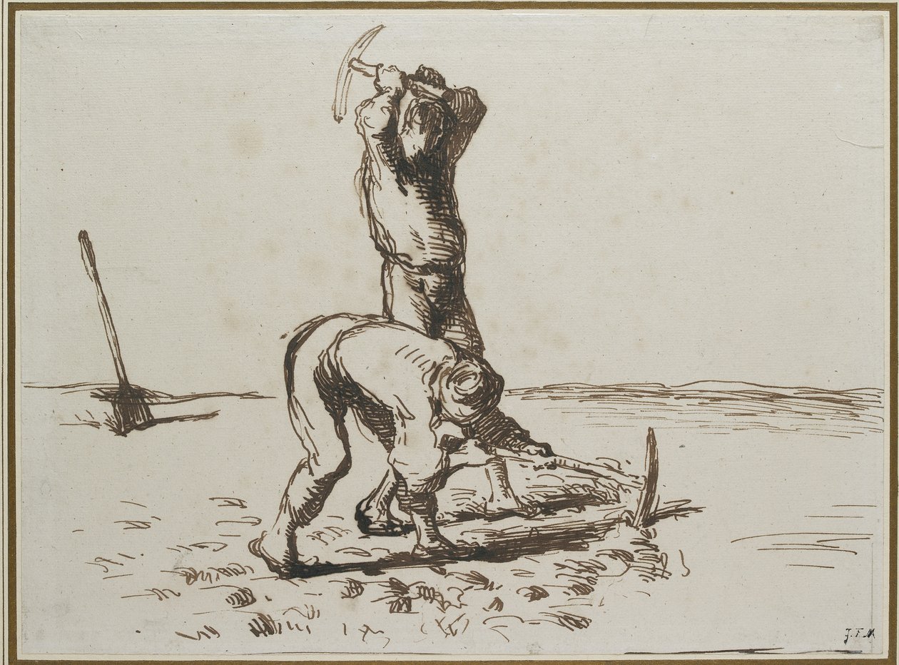 Kazma ile kazma İki Köylü, c. 1844 - 1846 (biraz rengi solmuş beyaz kağıt üzerinde kalem ve kahverengi mürekkep) by Jean Francois Millet