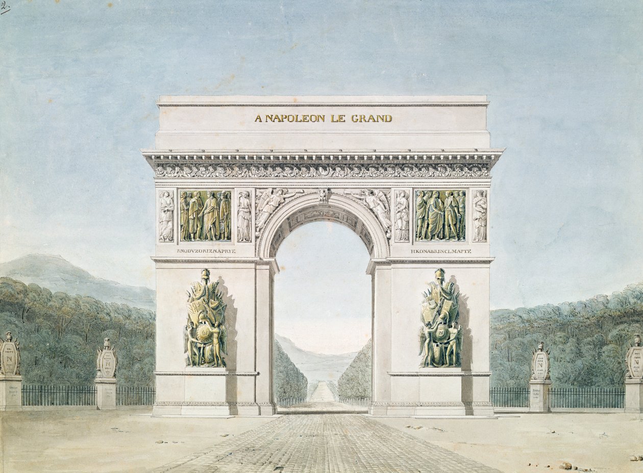 Ağaçlık bir arka plana sahip Arc de Triomphe için tasarım by Jean Francois Therese Chalgrin