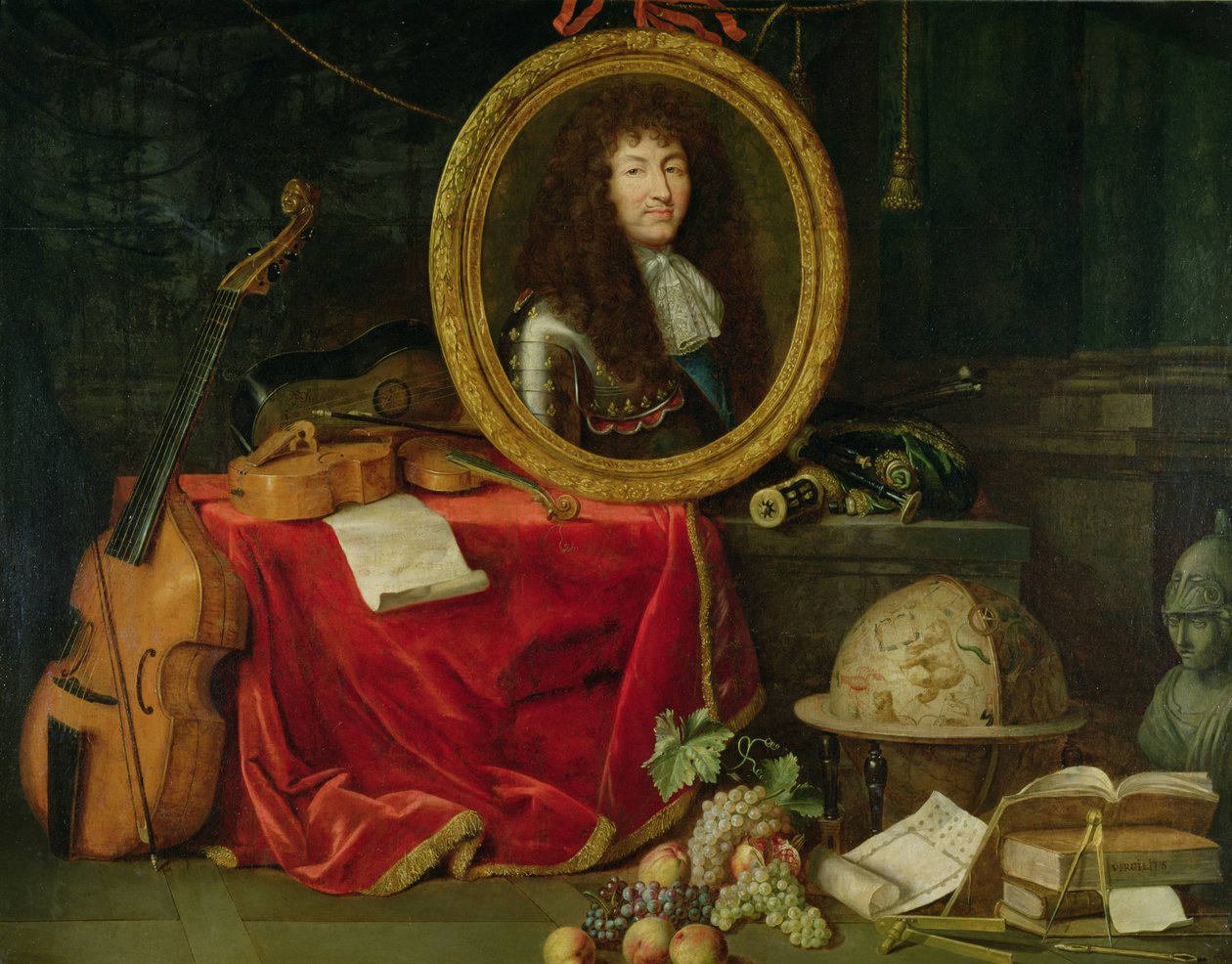 Müzik aletleri, çiçekler ve meyvelerle çevrili Kral Louis XIV (1638-1715) portresi ile natürmort, 1672 by Jean Garnier