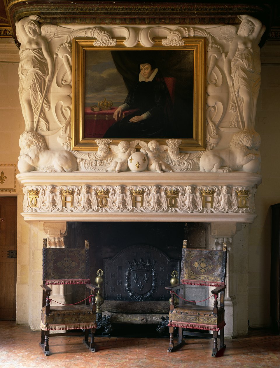 Chimneypiece with a painting of Catherine de Medici (1519-89) above by Jean Goujon