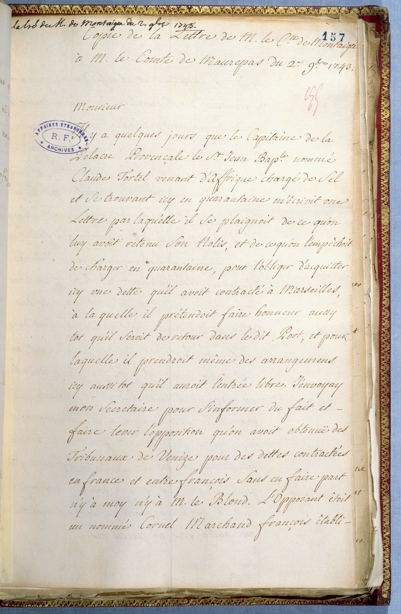 Jean-Jacques Rousseau'nun Venedik'teki Fransız Büyükelçisine sekreterken yazdığı mektup, Ekim 1743 by Jean Jacques Rousseau