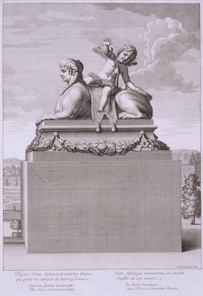 Beyaz mermerden bir sfenks figürü, bronz bir Cupid taşıyan, Versailles