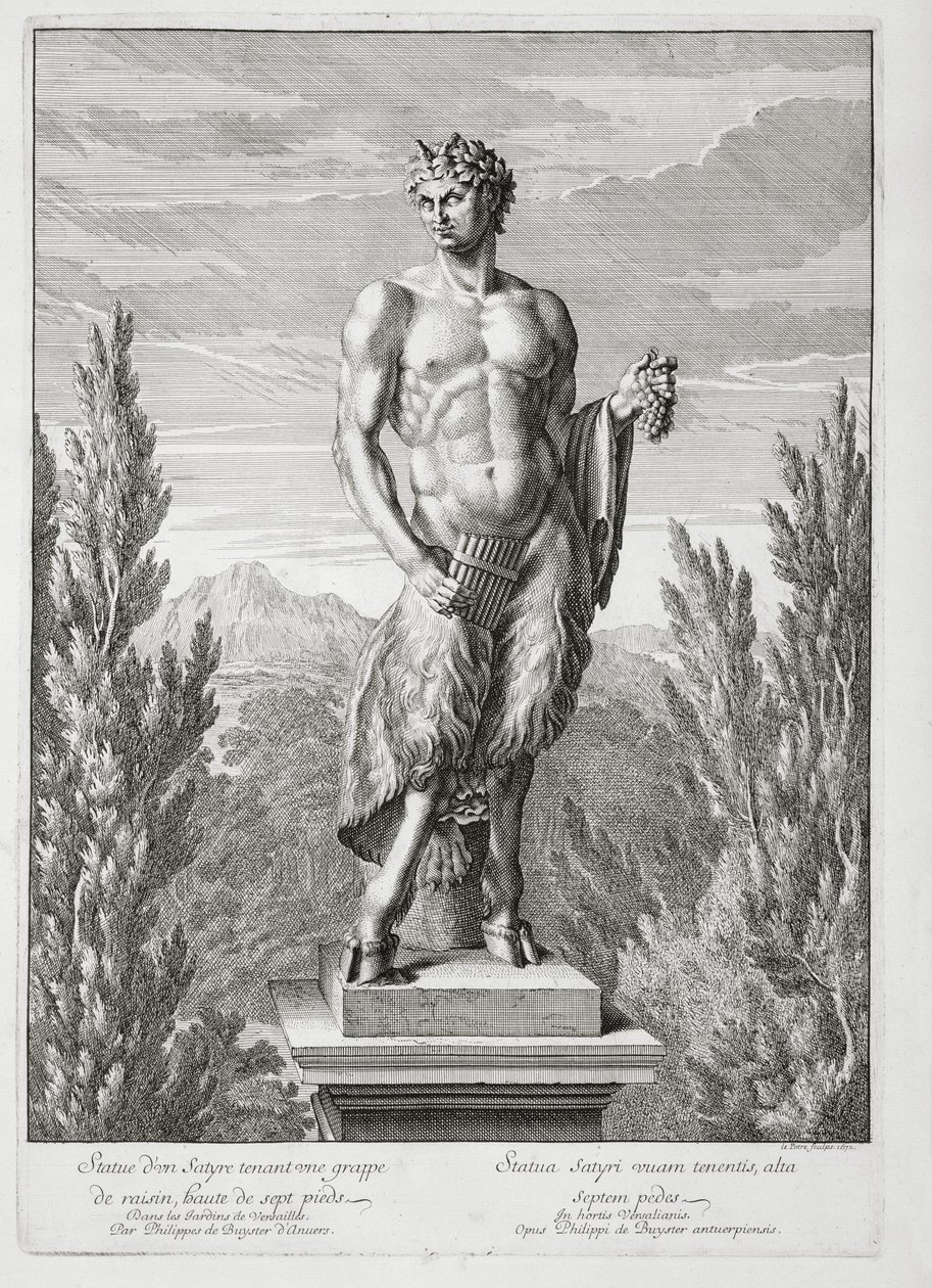 Bir salkım üzüm tutan bir Satyr heykeli, Versailles, 1672, 'Vues et Plans de Versailles'den, yayınlanmış c.1672-89 by Jean Lepautre