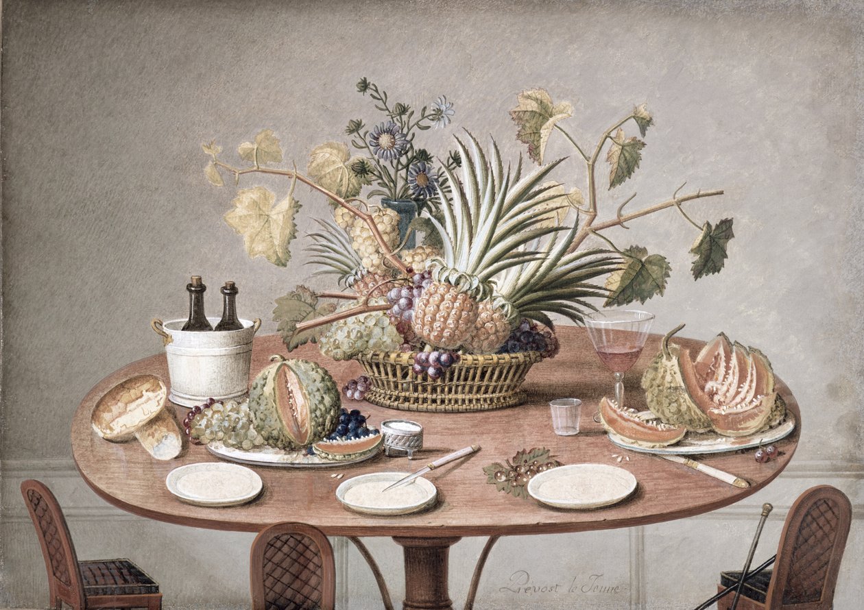 PD.874-1973 Still Life of a Table with Flowers and Fruit, c.1810 (wc und gouache) by Jean Louis Prevost