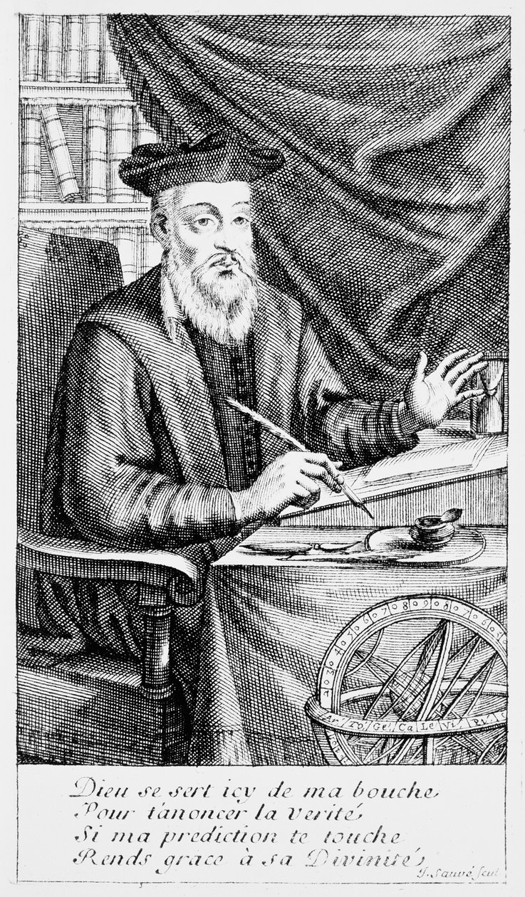 Nostradamus kehanetlerini yazarken (bw gravürü) by Jean Sauvé