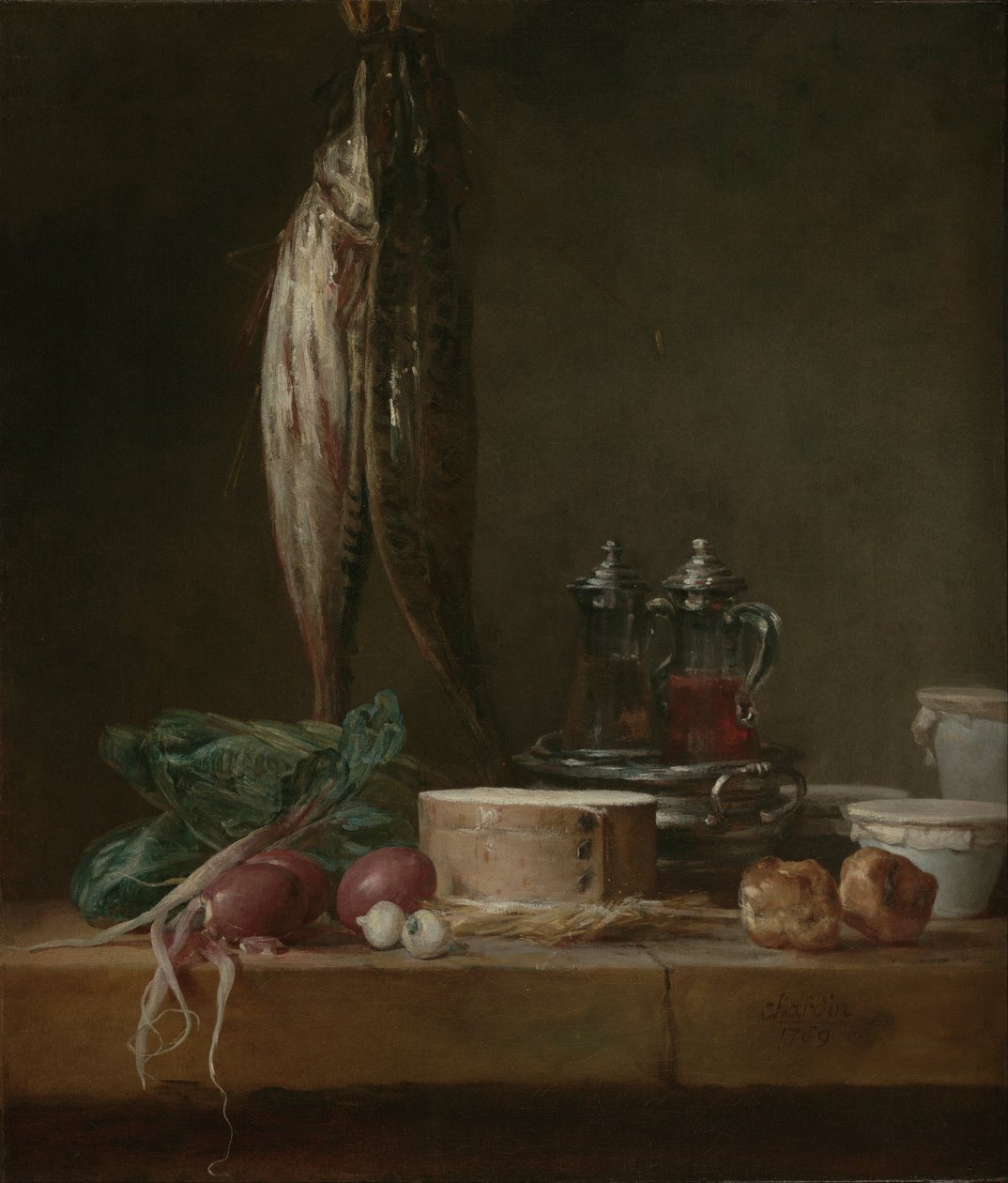 Bir Masada Balık, Sebze, Gougères, Tencere ve Cruets ile Natürmort by Jean Baptiste Simeon Chardin