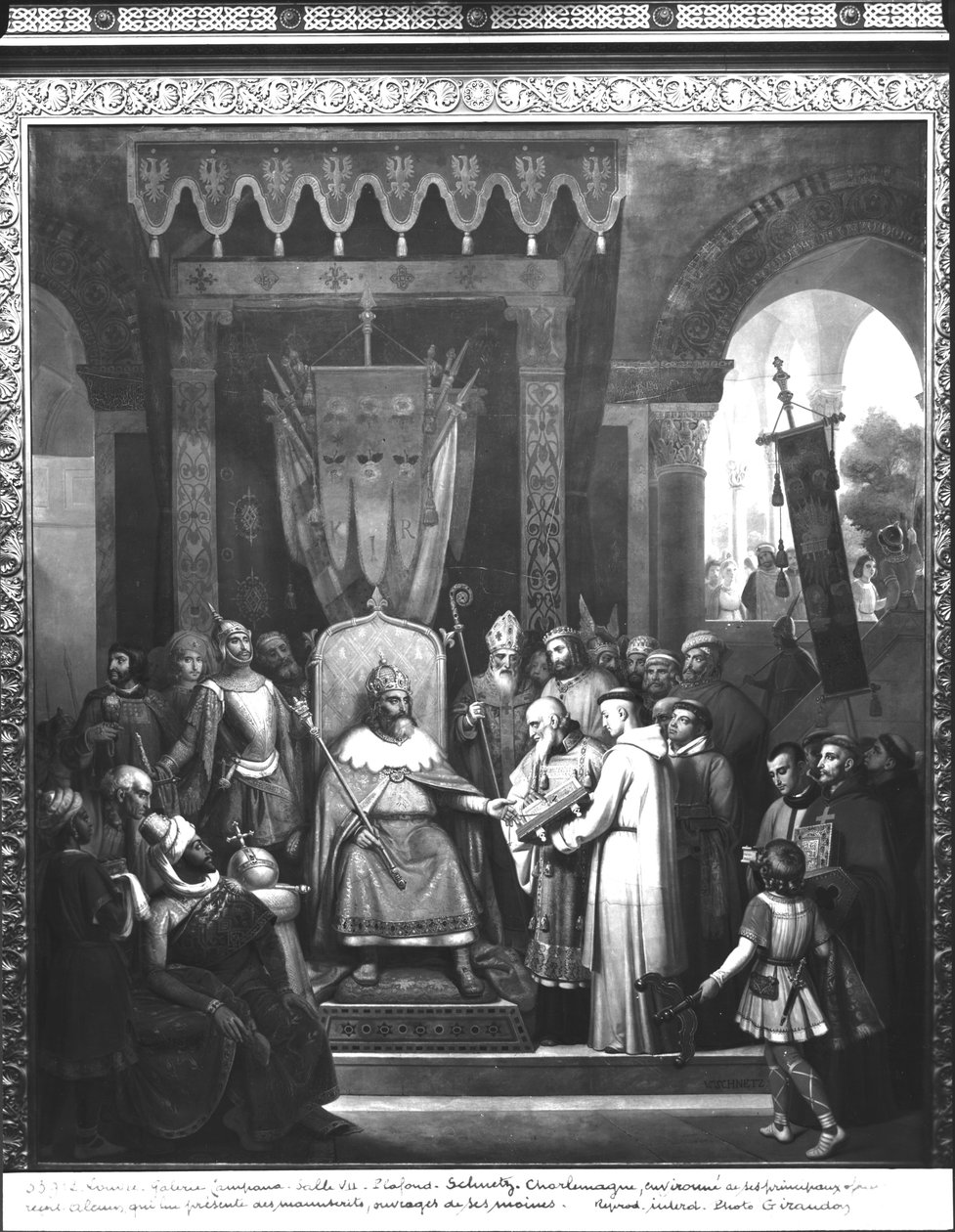 İmparator Charlemagne (747-814) Baş Subayları Tarafından Çevrilmiş, Keşişleri Tarafından Yapılan Bazı El Yazmaları Sunan Alcuin