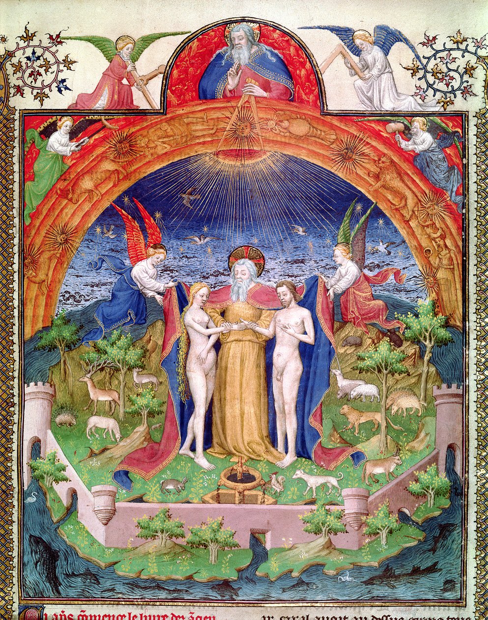 Ms Fr 247 f.3 Yaratılış, Tanrı Adem ve Havva'yı Tanıtıyor, 'Antiquites Judaiques'den bir örnek, c.1470 by Jean Fouquet