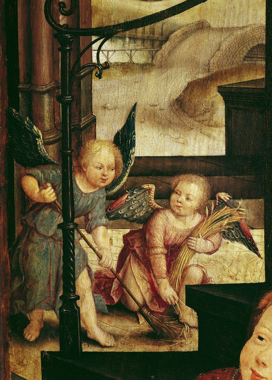Çocuğa Tapınma Üçlemesi, sağ panelden süpüren iki meleğin detayı, 1529 by Jean the Elder Bellegambe
