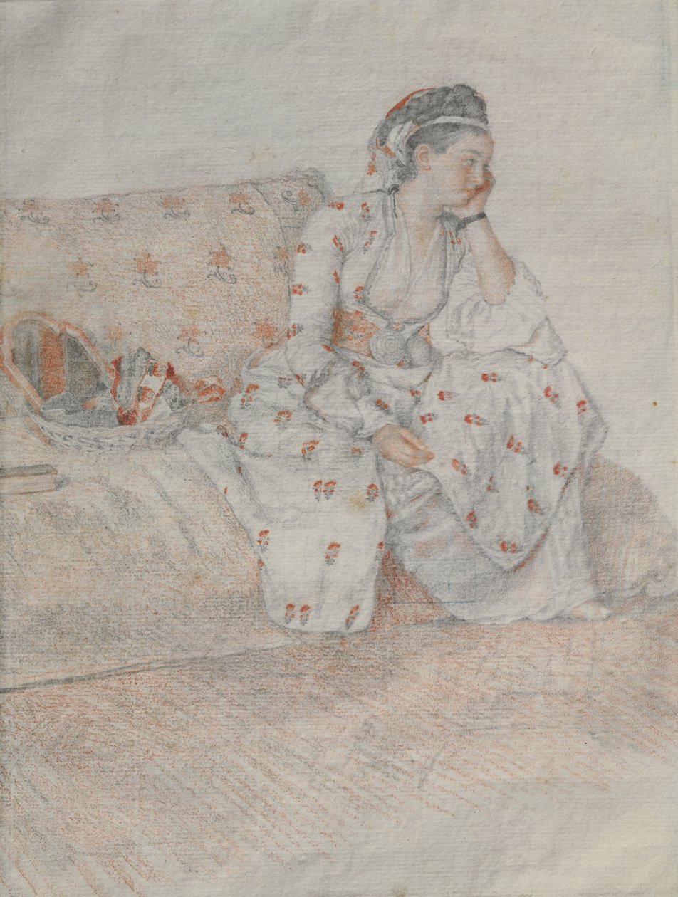 Türk Kostümlü Coventry Kontesi (kağıt üzerine kırmızı tebeşir ve kurşun kalem) by Jean Étienne Liotard