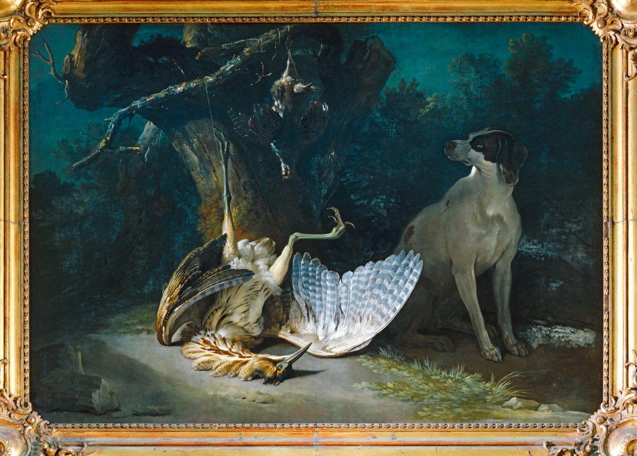 Butor et perdrix gardes par un chien blanc - Beyaz bir köpek tarafından korunan acı ve keklik ... by Jean-Baptiste (school of) Oudry