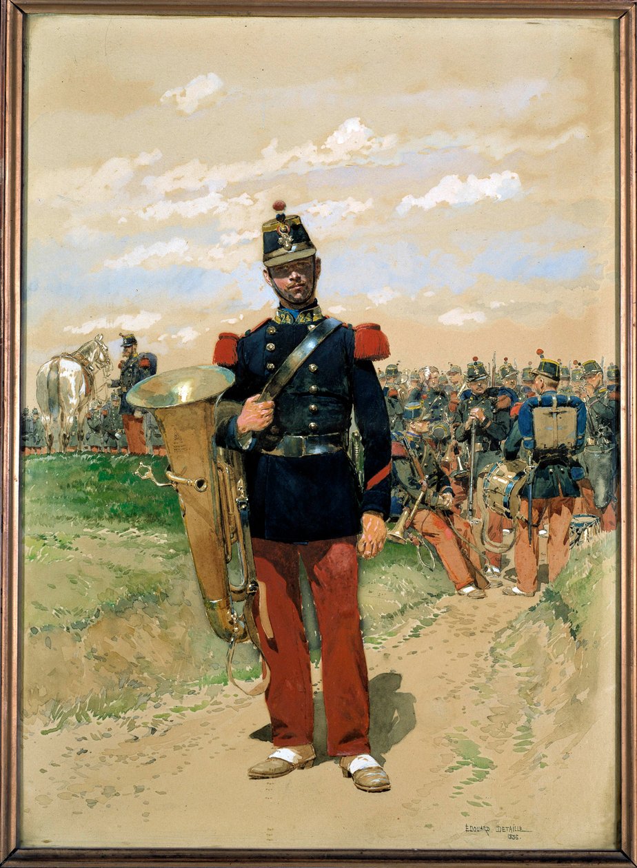 Hat müziği: 1855'te askeri orkestranın bir asker üyesi. Suluboya, Edouard Detaille (1848-1912). 1855. Paris, Musee de l'Armee by Jean Baptiste Edouard Detaille