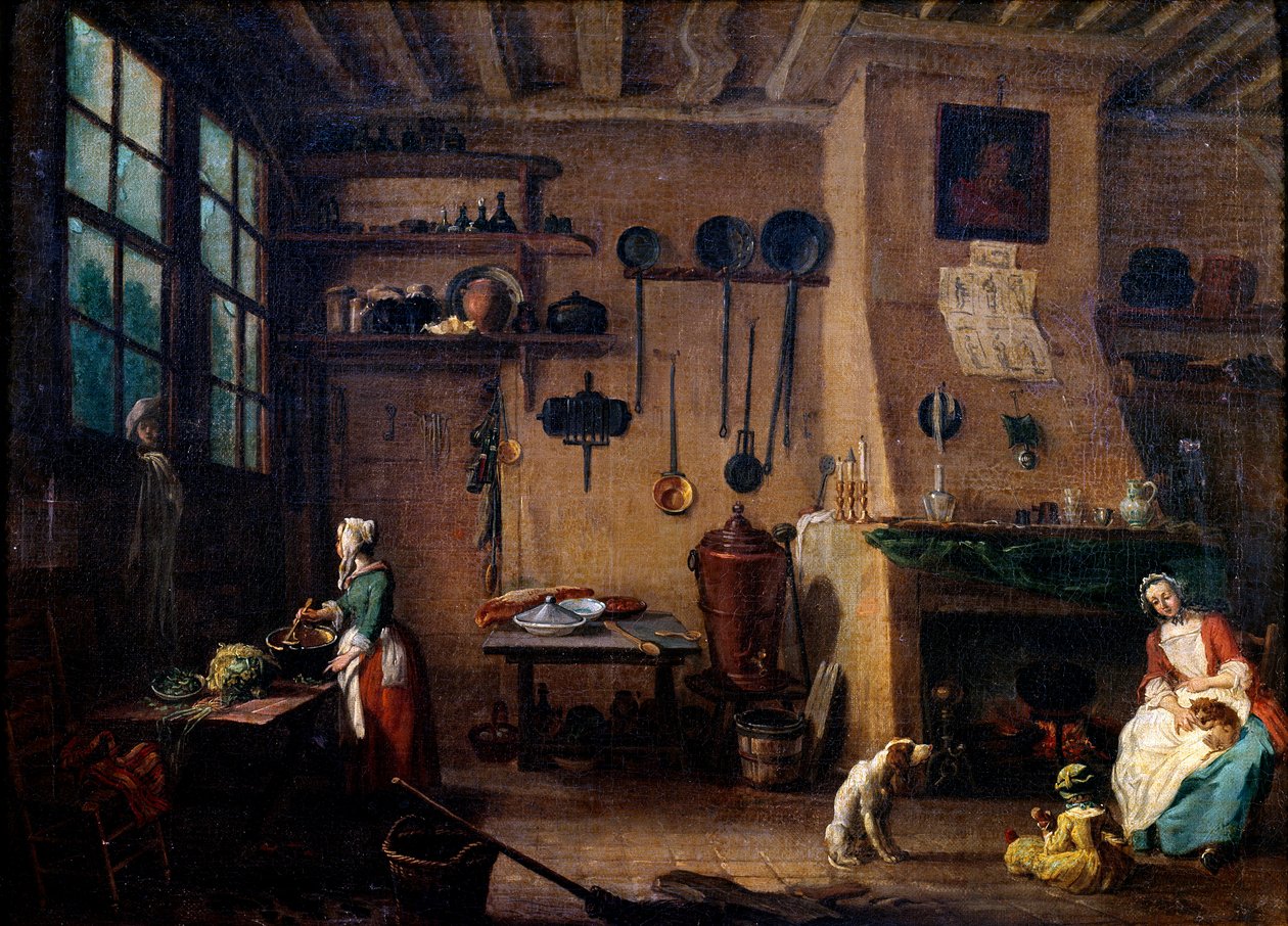 18. yüzyılda mutfak iç. Bir aşçı yemek hazırlar. Arka planda duvar boyunca asılı mutfak gereçlerini görüyoruz. Jean Baptiste Lallemand