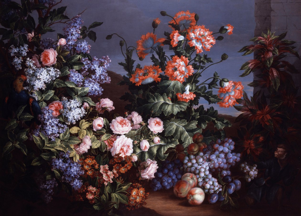 Güller ve leylaklardan oluşan natürmort. Jean Baptiste (Jean-Baptiste) Monnoyer (1634-1699) tarafından yapılmış resim Özel koleksiyon. by Jean-Baptiste Monnoyer