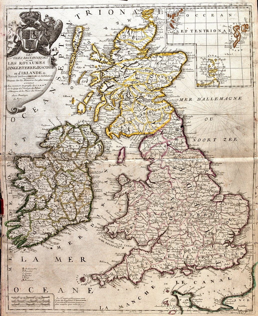 İngiltere, İskoçya ve İrlanda (Büyük Britanya) krallıklarının haritası (Gravür by Jean Baptiste Nolin