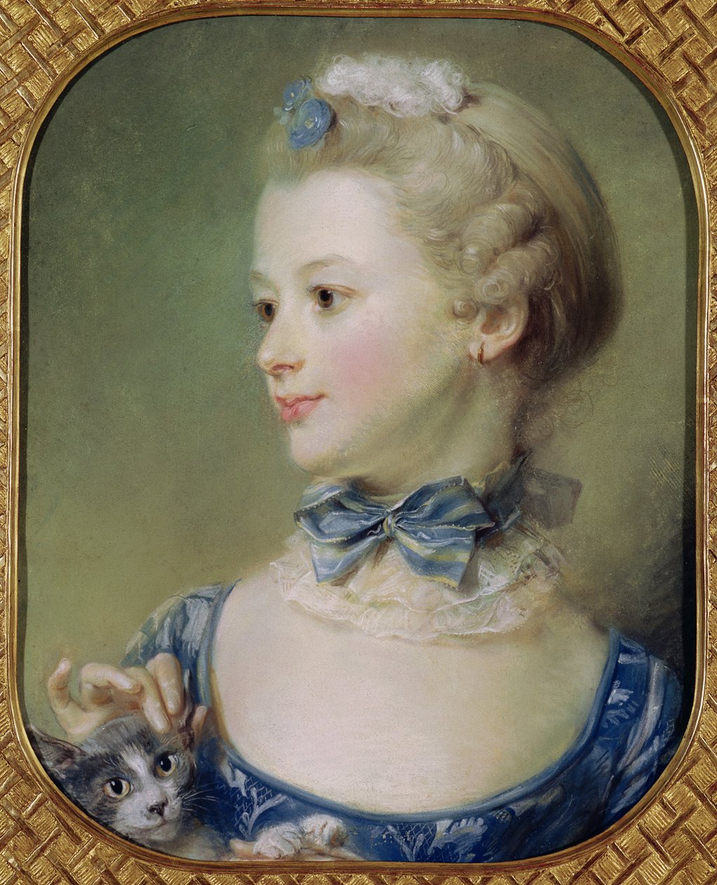 Kedili Genç Kız (parşömen üzerine pastel) by Jean Baptiste Perronneau