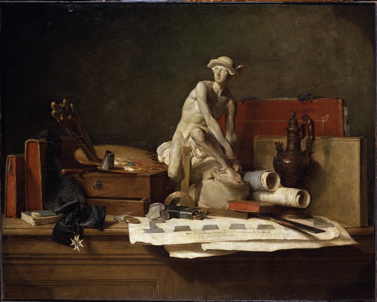 ""Sanatın Nitelikleriyle Natürmort"" (Sanatın Nitelikleriyle Natürmort) Bir petasus, ressamın paleti, kitaplarla kaplı Merkür heykeli. Tablo Jean Baptiste Simeon Chardin (1699-1779) Boyut 112x140.5 cm Ermitaj Müzesi, Saint Petersbo by Jean Baptiste Simeon Chardin