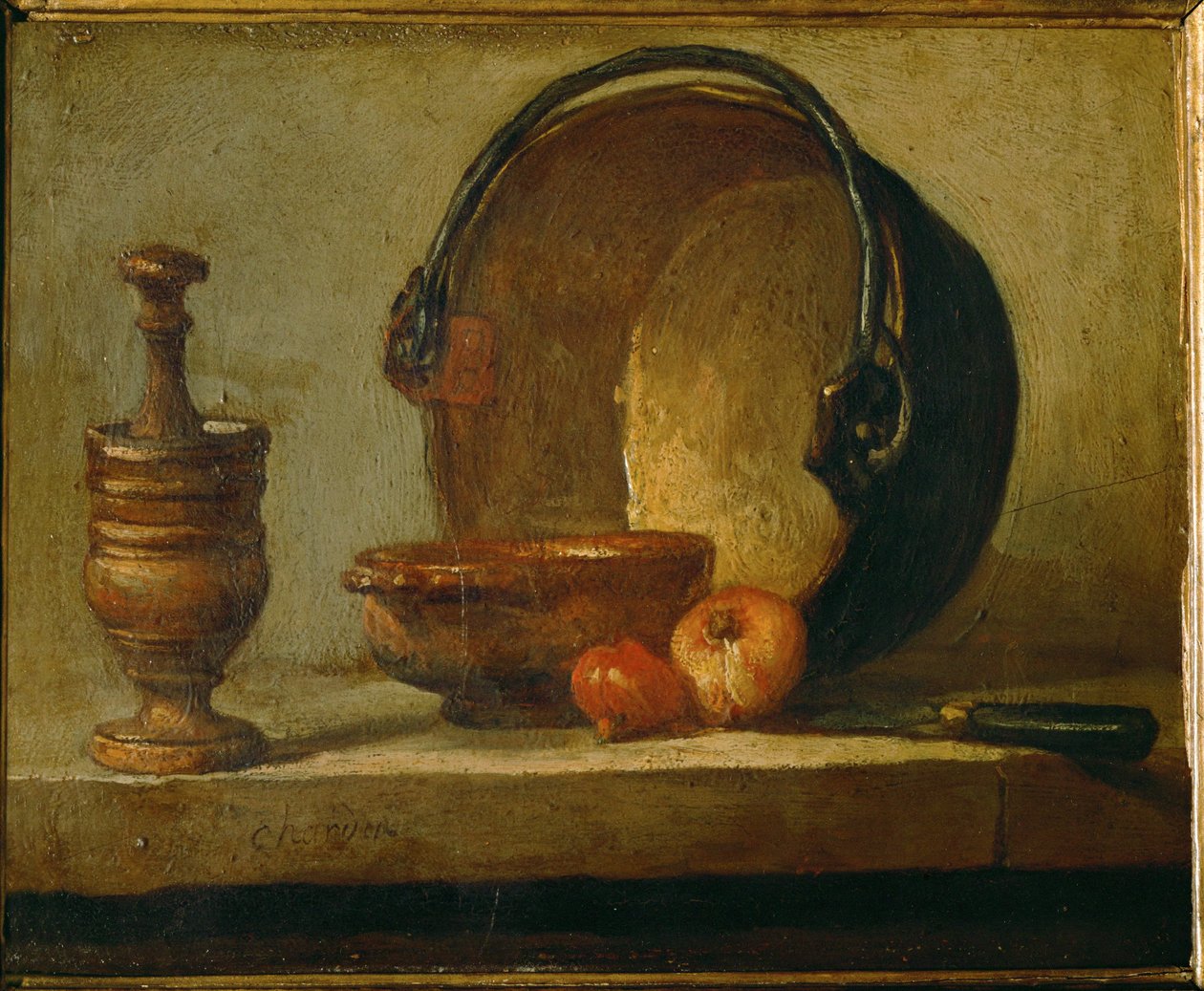 Bakır kazan ... (tuval üzerine yağlıboya) by Jean-Baptiste Simeon Chardin