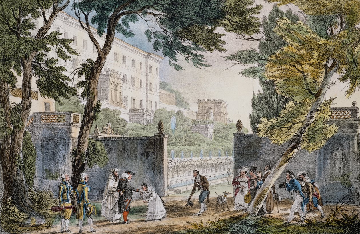 Jean-Baptiste Thomas'ın (1791.1833) gravürü, Roma'daki villanın girişindeki cesur sahne, yaklaşık 1820 by Jean Baptiste Thomas