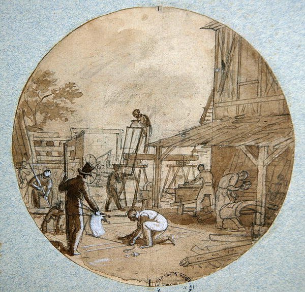 Marangoz Atölyesi, farklı zanaatları gösteren bir hizmet için tabak tasarımı, c.1820-35 (kalem ve mürekkep ve kağıt üzerine yıkama ve guaj boya) by Jean Charles Develly