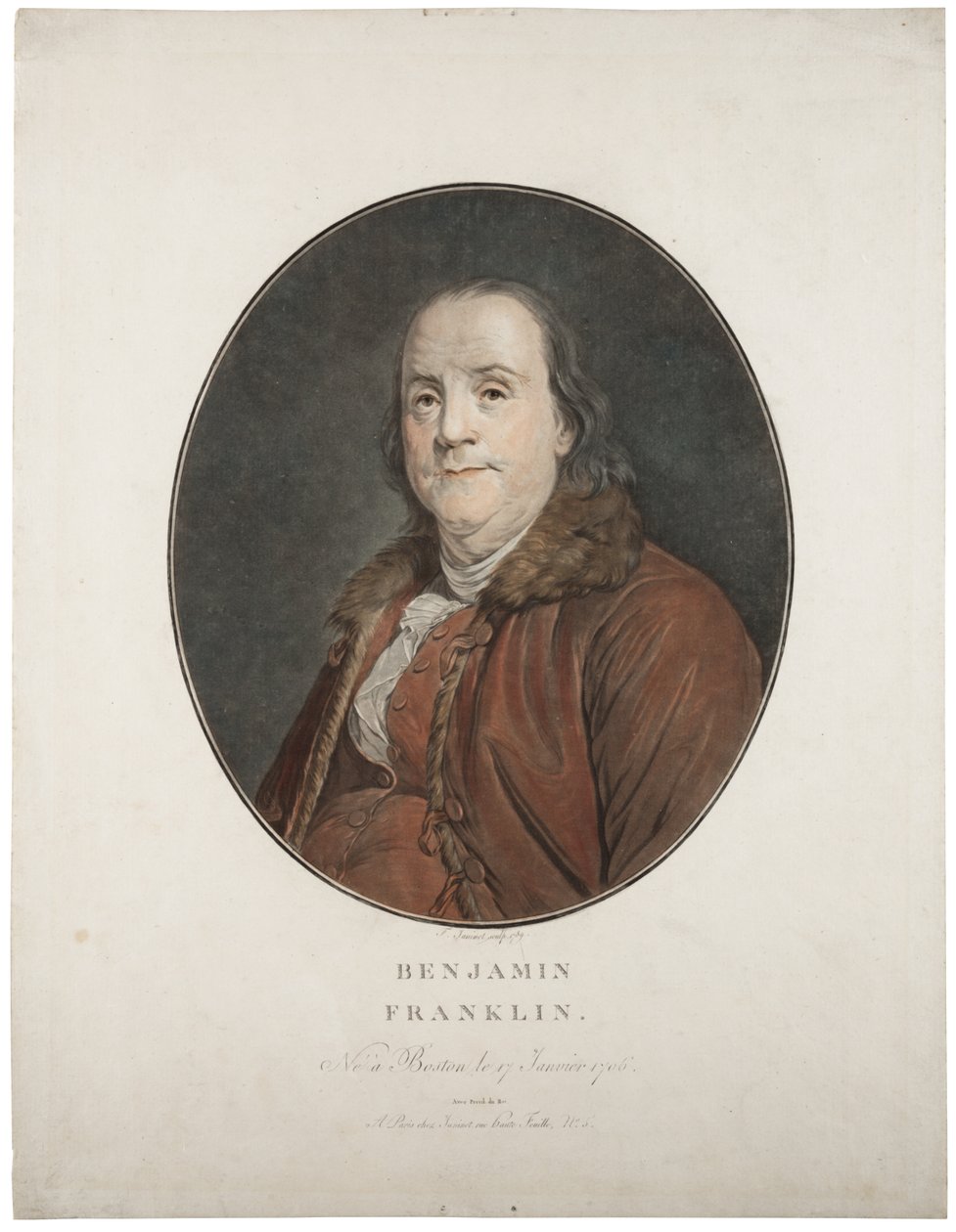 ಬೆಂಜಮಿನ್ ಫ್ರಾಂಕ್ಲಿನ್, c.1789 (ಕೈ-ಬಣ್ಣದ ಮೆಜೋಟಿಂಟ್) ಟರ್ಕ್ by Jean Francois Janinet